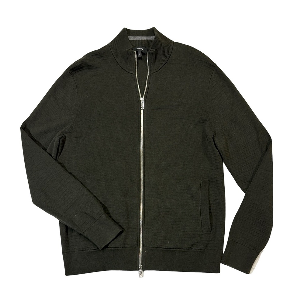 Theory Green Zip Up Sweater with Stand-Up Collar
